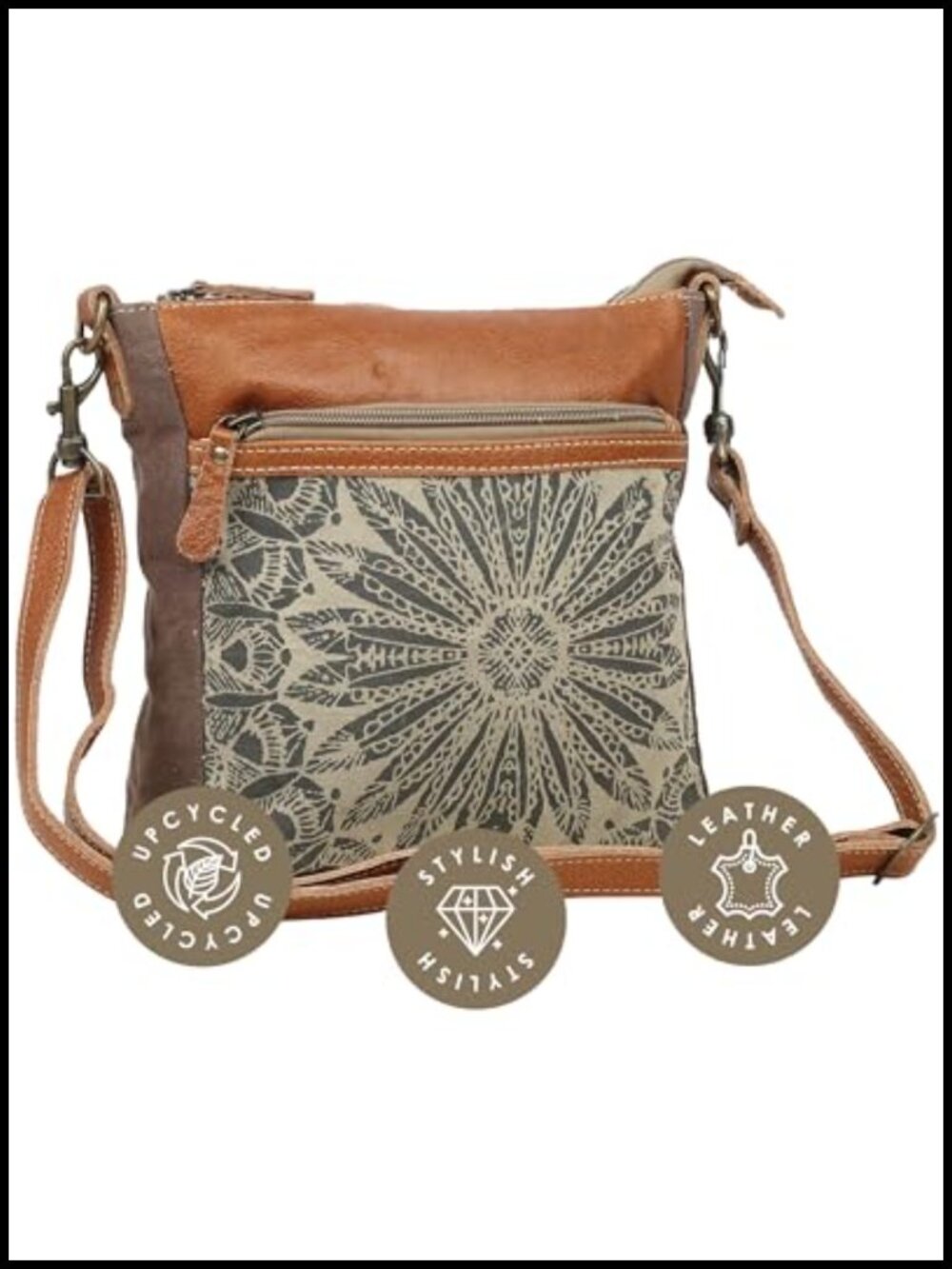 Canvas Crossbody Bag Buffalo Leather Strap Geometric Boho Handbag